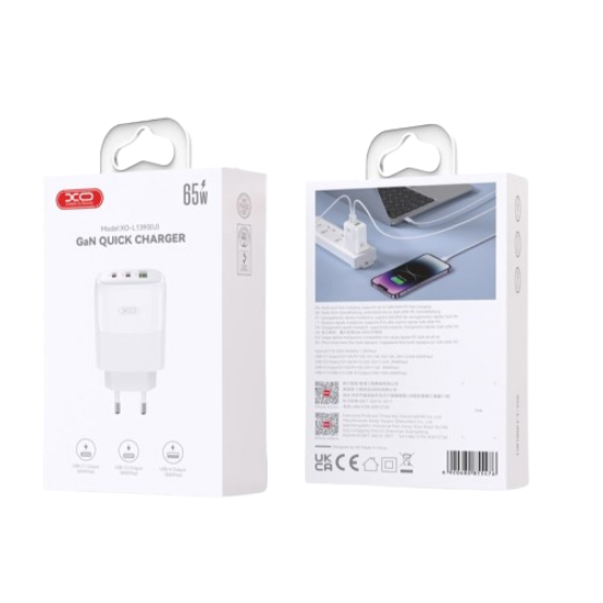 Мережевий зарядний пристрій XO L139/65W 2xUSB-C+USB-A White